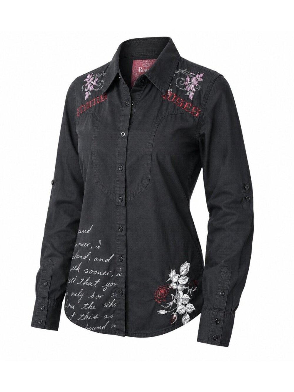 Roar Womens L Scorned Roses Western Shirt Black Embroidered Button Up Y2K Top